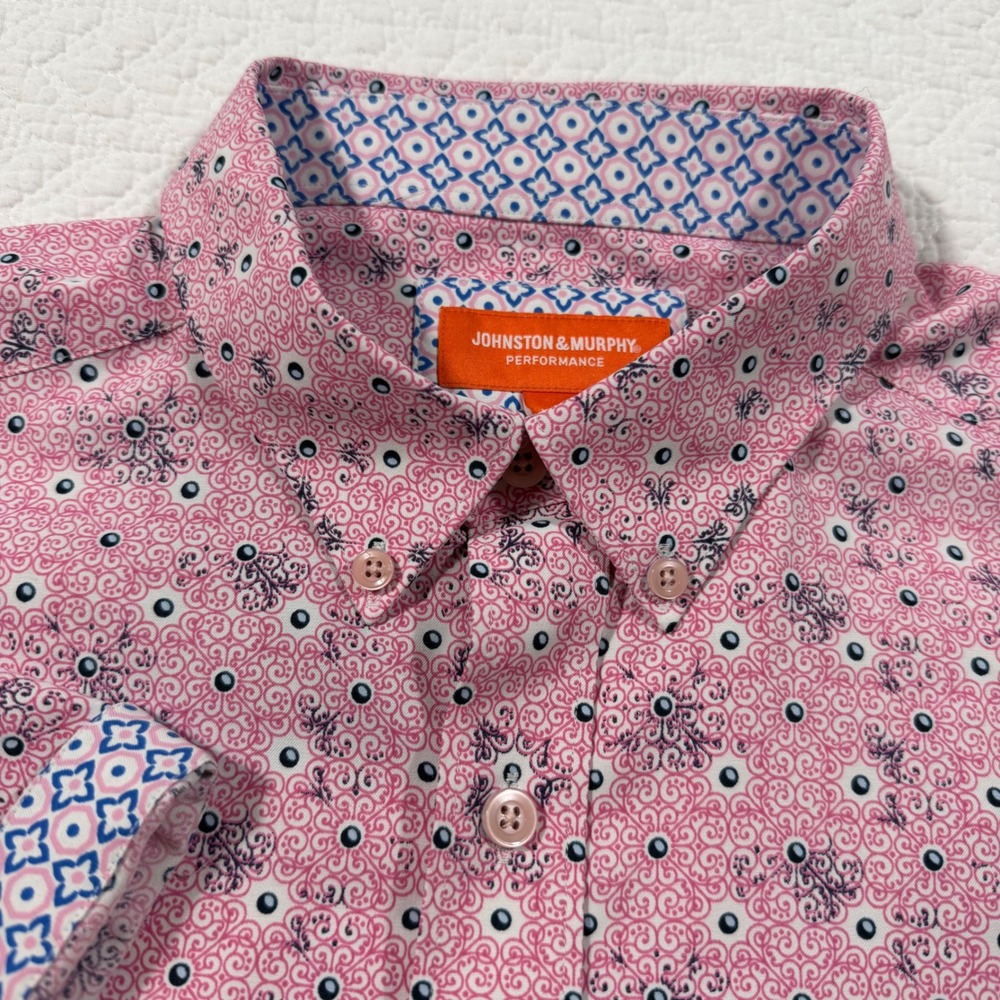 Johnston & Murphy Performance Mens Shirt‎ L Short Sleeve Pink Floral EUC